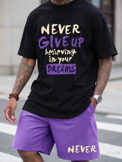 Manfinity LEGND Conjunto de camiseta y pantalones cortos casuales con estampado de eslogan para hombre, verano