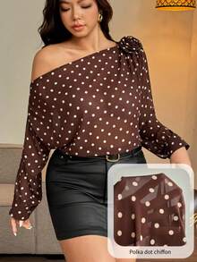 Vionelle 大码波点长袖3D花朵珍珠雪纺斜肩上衣 - 咖啡棕 - 查看 1