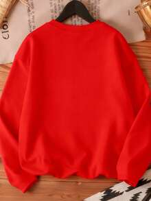 EMERY ROSE Plus Size Santa Claus Print Red Crew Neck Long Sleeve Pullover T-Shirt - Red - View 2