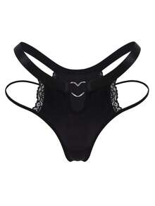 Women's Black Heart Buckle Elegant, Comfortable & Sexy Lace Splice Thong Panties Hollow Out Panties Strappy Panties Crotchless Thong - Black - View 1