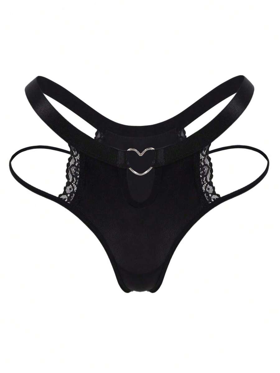 Women's Black Heart Buckle Elegant, Comfortable & Sexy Lace Splice Thong Panties Hollow Out Panties Strappy Panties Crotchless Thong - Black - View 1
