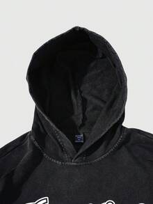 ROMWE MEN Men's Casual Letter Print Distressed Hoodie - Black - View 3