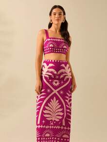 CAJUNI 2 bộ đồ ngủ in hình cây dừa và mặt trời cho kỳ nghỉ hè dành cho nữ và chân váy maxi bó sát, phong cách nhiệt đới Boho - Màu Hồng Tươi - Xem 6