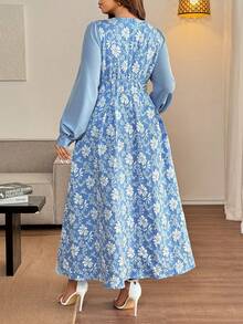 Vionelle 女士加大码法式提花拼接长袖连衣裙，春秋季 - 藍色 - 查看 2