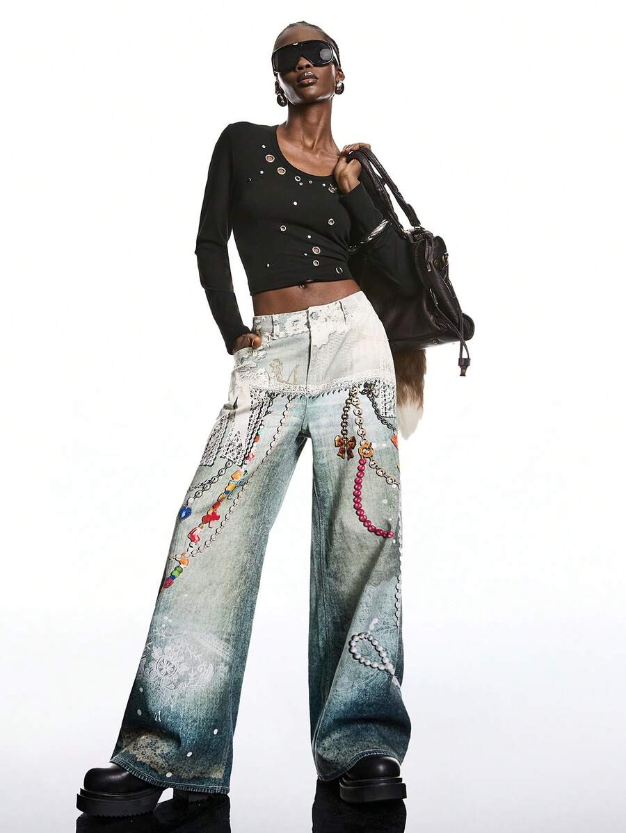 LYSMO 2026 New Arrive Minimalism Spring/Summer Women's Chain Fun Patterns Pocket Wide Leg Loose Casual Jeans/ Summer Clothes / Spring Break Outfits / Valentine Outfits For Women /Valentine's Day / Valentine Clothes /Holiday Outfits For Women / Graphic Jeans /Birthday Outfits For Women / Y2k Jeans /Y2k Clothes / Y2k Women/2000s Style - Blue - View 1