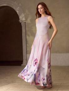 MOTF PREMIUM WOMEN'S SLEEVELESS FLORAL PRINTED METAL SHOULDER PATCHWORK FLARE HEM DRESS, AUTUMN/WINTER - Mauve Purple - View 4