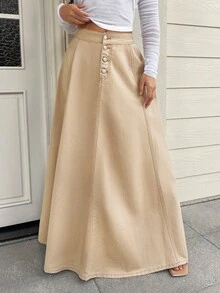 SHEIN PETITE 女款高腰前扣休閒與職場牛仔裙，適合嬌小女性 - 卡其色 - 查看 5