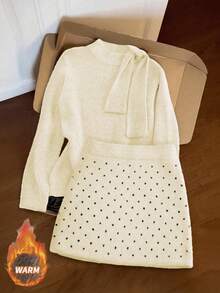 Franclia 女士优雅蝴蝶结毛衣波点半裙两件套，秋冬款 - 杏色 - 查看 1