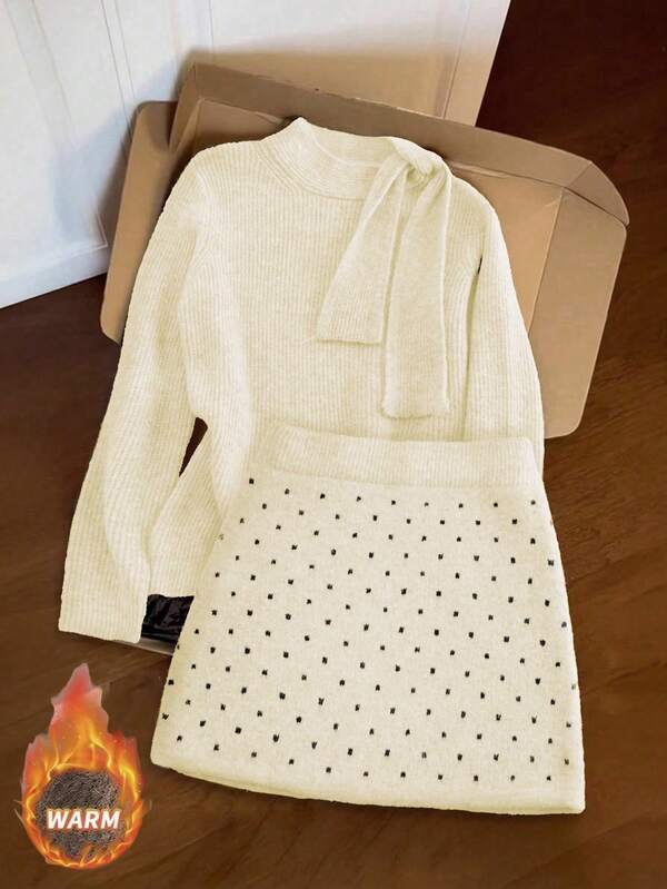 Franclia Women's Elegant Bow Tie Sweater & Polka Dot Skirt 2-Piece Set, Autumn/Winter