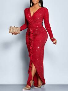 SOLERSUN Abito lungo elegante da donna taglia comoda per l'autunno e l'inverno, in tessuto lavorato a maglia con paillettes e lustrini, scollo a V profondo, arricciature sulla vita, maniche lunghe, spacco centrale anteriore, adatto per feste, eventi formali, matrimoni, Natale, colore bianco