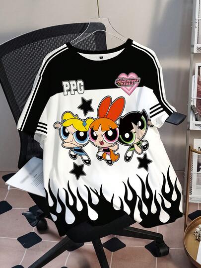 THE POWERPUFF GIRLS X SHEIN Plus Size Summer Casual Colorblock Cartoon Blossom, Bubbles, Buttercup Pattern Round Neck Short Sleeve T-Shirt