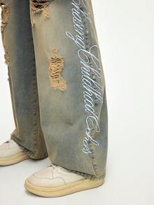 ROMWE MEN Street Life Men's Letter Embroidered Pocket Distressed Washed Slim Fit Jeans - Blue - View 2