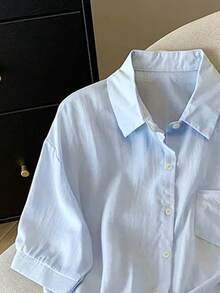 Resyla 新款休闲复古女式翻领短袖系带防晒衬衫 - 淺藍色 - 查看 3