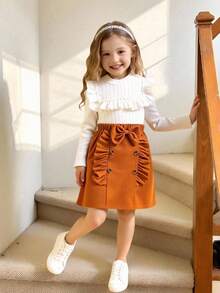 Elladie kids Tween Girls Elegant Casual Long Sleeve Ruffle Top Paired With Bow Decor Ruffle Skirt Outfit