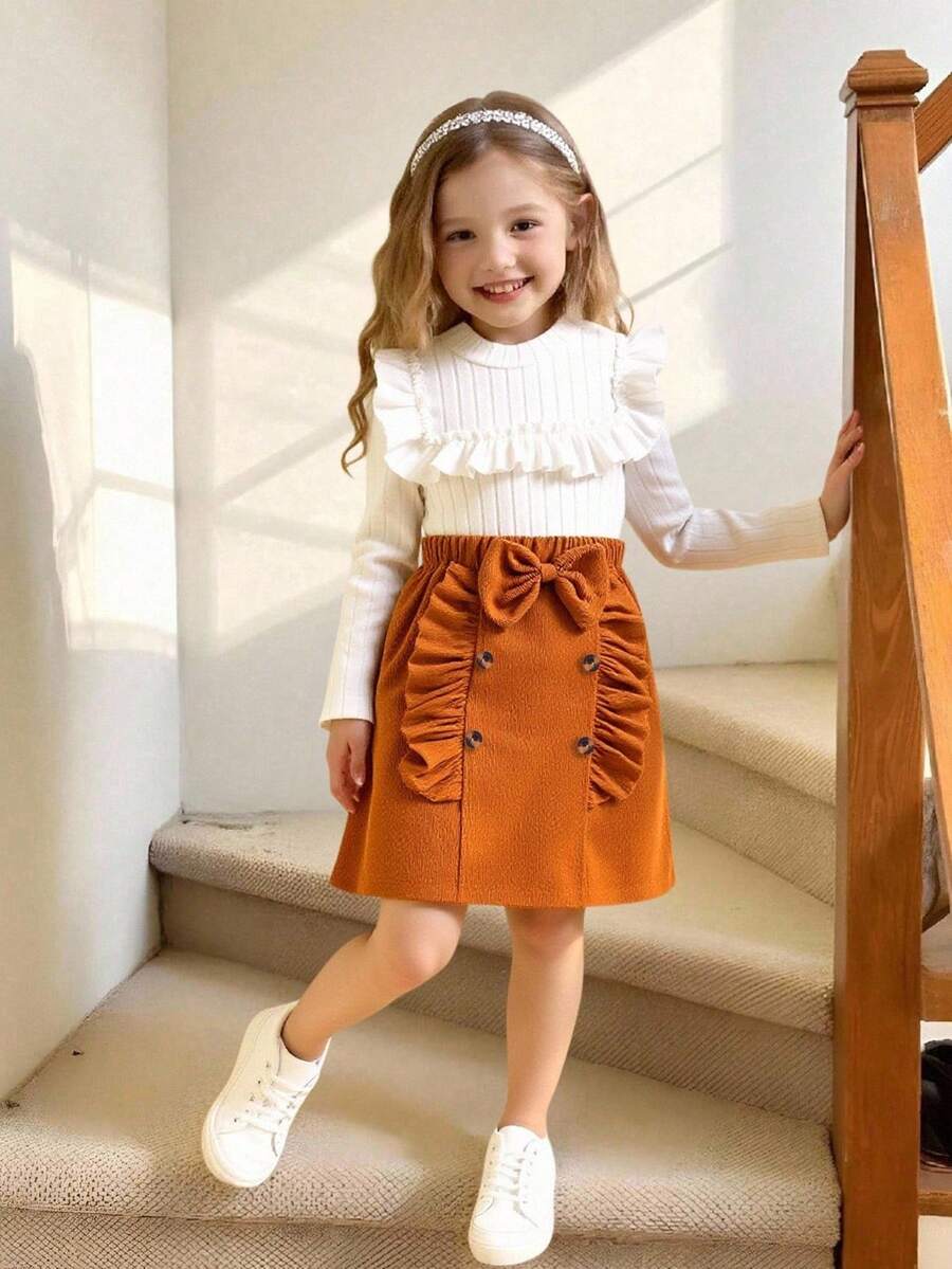 Elladie kids Tween Girls Elegant Casual Long Sleeve Ruffle Top Paired With Bow Decor Ruffle Skirt Outfit