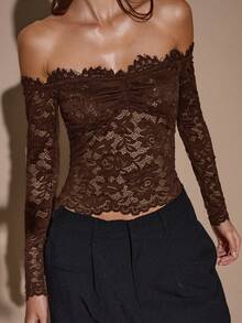 SHEIN BAE 女士蕾丝性感透视镂空露肩长袖上衣，酒红色，适合圣诞节、万圣节、亡灵节、秋冬季叠穿 - 咖啡棕 - 查看 7