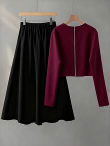 Franclia 女士仿珍珠细节红色长袖上衣和黑色半裙优雅套装 - 彩色 - 查看 2