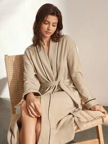 Ocili Soft & Comfortable Waffle Knit Open Front Robe, Casual Loungewear For Women, Spring/Autumn - Khaki - View 6