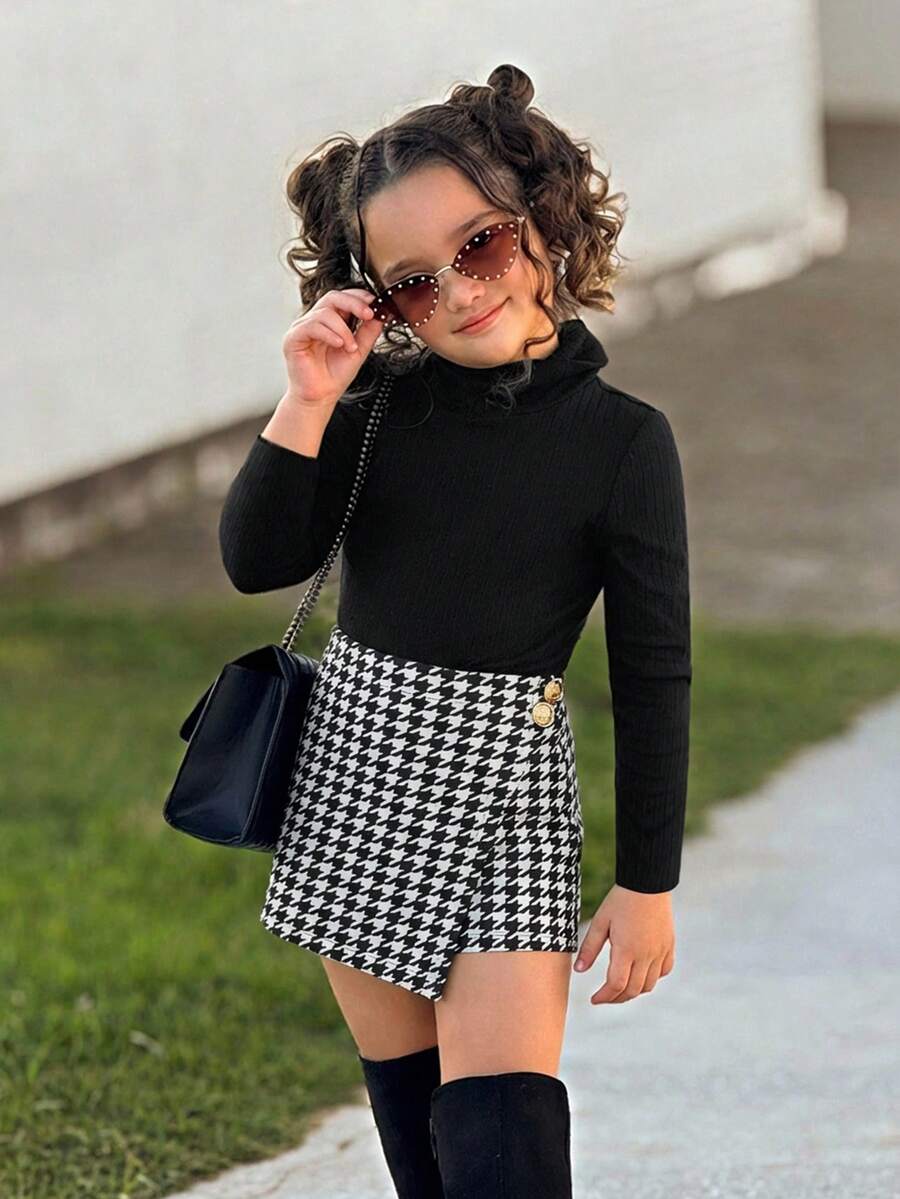 SHEIN 2 pezzi/set, maglietta a collo alto e gonna pantalone a quadri per ragazze giovani, adatto per uso quotidiano, abbigliamento autunnale