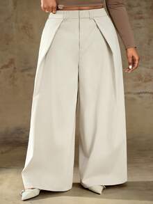 Truni 大码女式纯色褶皱休闲宽松阔腿裤高腰裤，适合梨形三角身材/2026/新年 - 卡其色 - 查看 3