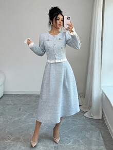 Elenzga 蓝白拼接无袖夹克，带纽扣口袋，优雅休闲通勤装 - 藍色 - 查看 5