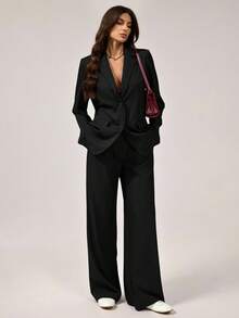 SHEIN Tall Bộ vest quần dài tay rộng rãi họa tiết màu đen tối giản dành cho nữ trẻ, phong cách cơ bản thường ngày khi đi làm - màu đen - Xem 1