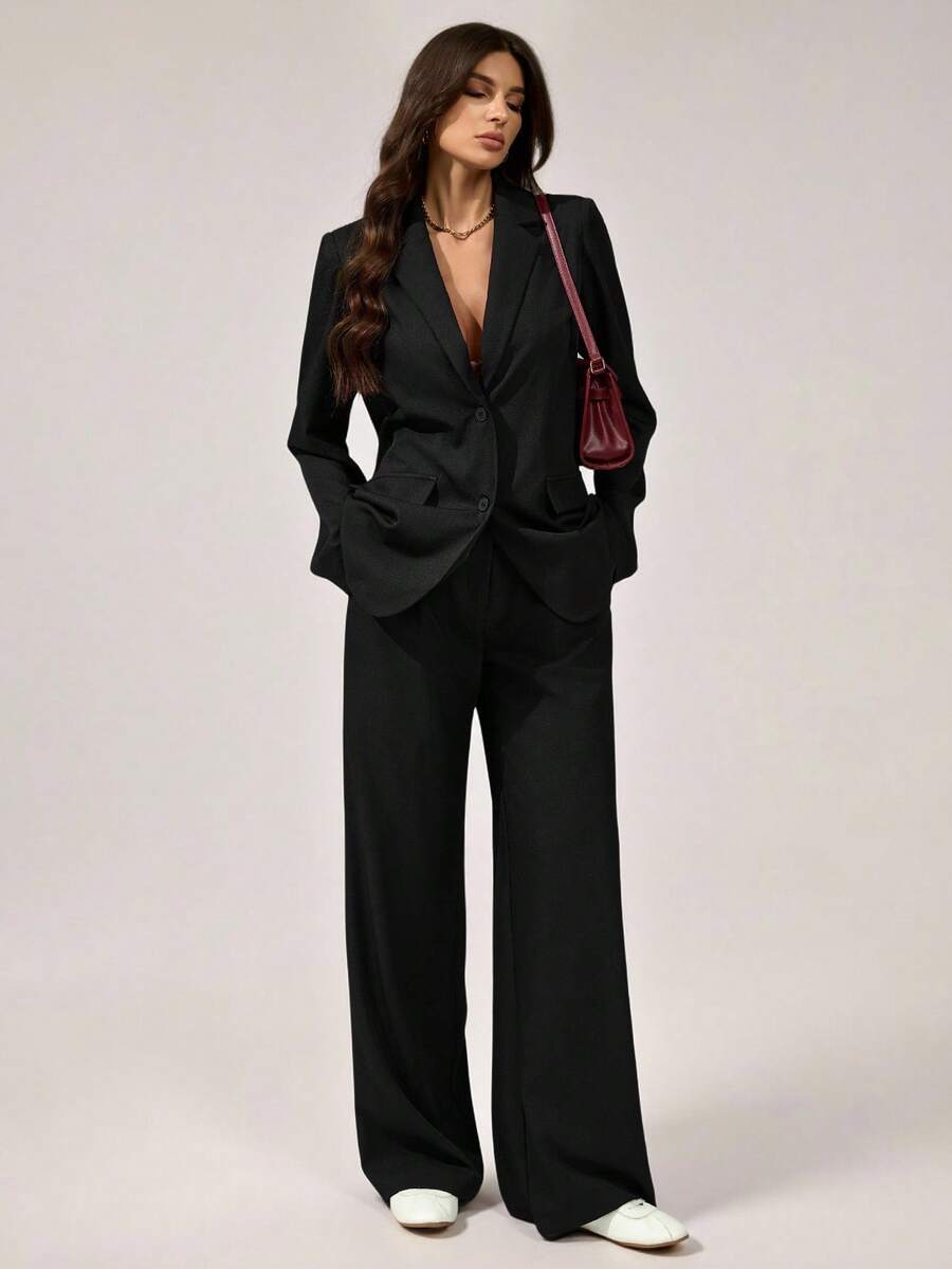 SHEIN Tall Bộ vest quần dài tay rộng rãi họa tiết màu đen tối giản dành cho nữ trẻ, phong cách cơ bản thường ngày khi đi làm - màu đen - Xem 1