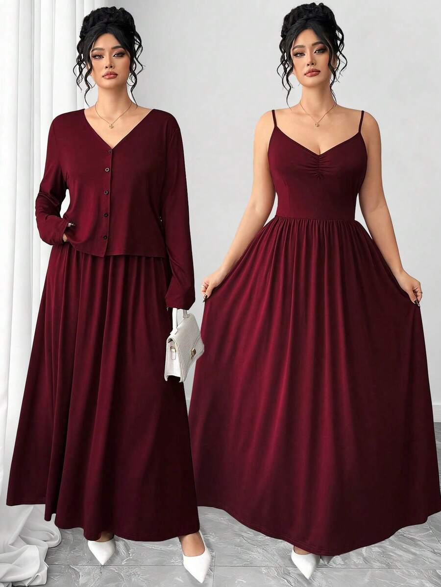 Elenzga 大码女式优雅长袖纯色外套+A字收腰吊带连衣裙两件套，针织弹力两件套，适合日常通勤、派对、夜店等场合 - 酒紅色 - 查看 1