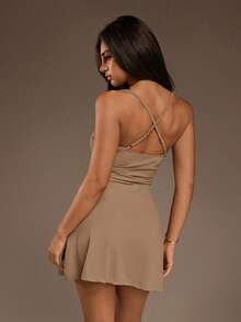 SHEIN ICON Rochie mini sexy casual pentru femei, culoare solidă, fără spate, cu mânecă lungă, ținută de birou de vară - Kaki - Vizualizare 2