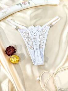 Crystal Vow Floral Lace Rhinestone Bow Front G-String Sexy Lingerie Bow Tie - White - View 2