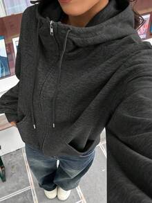 Muchica Áo hoodie dài tay màu xám đậm có khóa kéo phía trước và túi dành cho nữ, thích hợp cho mùa thu/đông. - Màu xám đen - Xem 7