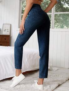 SHEIN Tall 高腰纽扣细节妈妈牛仔裤 - 深色水洗藍 - 查看 2