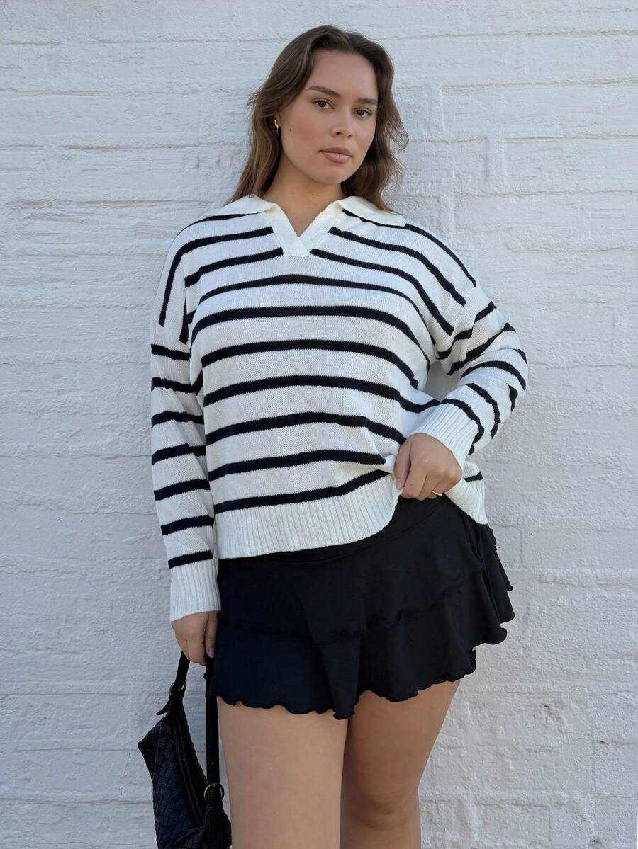 Nezia Cruz Plus Size Women's French Stripe Turn-Down Collar Knitted Sweater, Winter  Fall Outfit Autumn - White - View 1