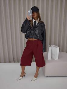 MUSERA Quần đùi dài dáng rộng cạp thấp xếp ly, thanh lịch, dễ thương, gợi cảm, phong cách đường phố, thích hợp cho buổi tối, ngày Valentine, mùa xuân, thường ngày, mùa hè. - Màu Đỏ Sâu - Xem 1