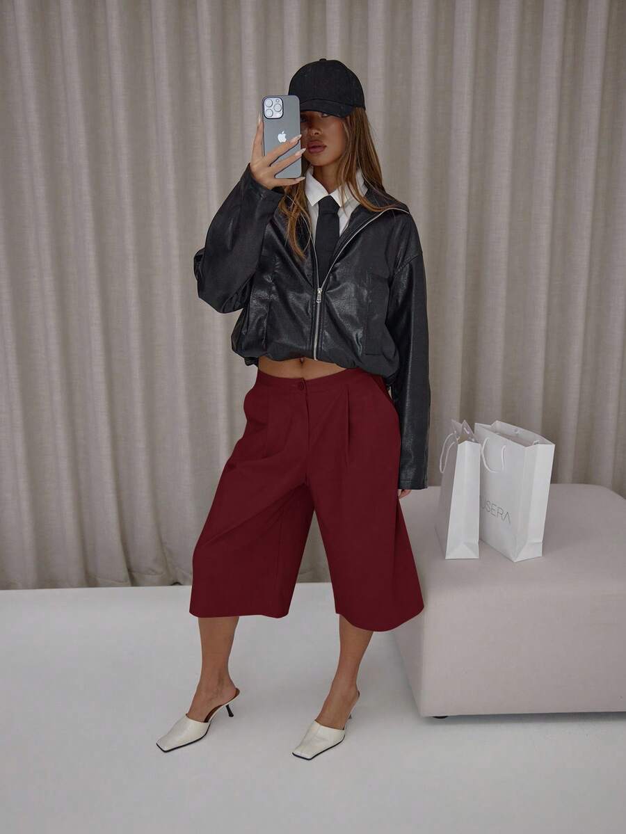 MUSERA Quần đùi dài dáng rộng cạp thấp xếp ly, thanh lịch, dễ thương, gợi cảm, phong cách đường phố, thích hợp cho buổi tối, ngày Valentine, mùa xuân, thường ngày, mùa hè. - Màu Đỏ Sâu - Xem 1