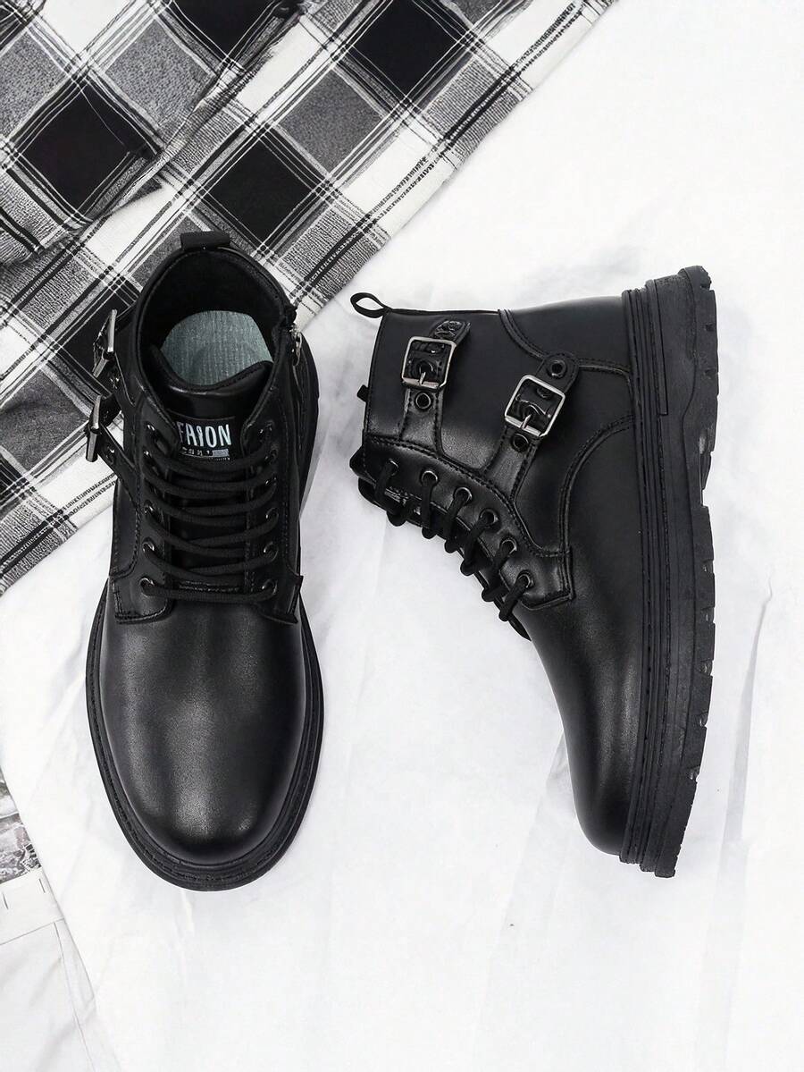 Botas de cuero negras para hombre,Botas altas para hombres de 2025, Botas de otoño e invierno para hombre casuales resistentes y cómodas,nueva llegada, antideslizantes, desodorizantes, cómodas, versátiles, de moda y para trabajo casual - Negro - Ver 1