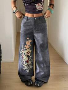 StreetHx Women's Casual Street Dragon Pattern Wide Leg Pants, Autumn/Winter - Medium Wash - View 3
