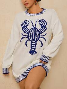 Travachic Plus Size Fashionable Lobster & Striped Pattern Crew Neck Long Sleeve Pullover Top/Winter - White - View 5