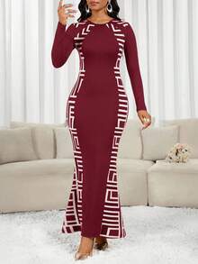 SHEIN Lady 女士优雅几何印花圆领鱼尾裙，秋季 - 酒紅色 - 查看 5