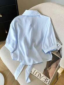 Resyla 新款休闲复古女式翻领短袖系带防晒衬衫 - 淺藍色 - 查看 2