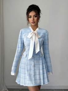 Elenzga 女士长袖纽扣系腰优雅休闲连衣裙，秋冬款 - 藍色 - 查看 4