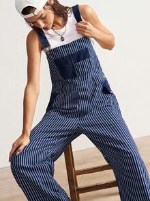 SHEIN BohoFeels 新年、圣诞节、情人节女士休闲宽松条纹连体裤 - 藍色 - 查看 6