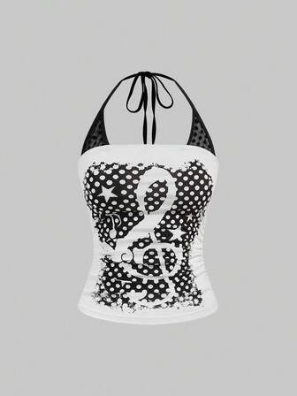 J-Fashion Débardeur moulant en coton à col ras-du-cou 2 en 1 avec imprimé notes de musique et pois de style Y2K Spice Girls pour femmes