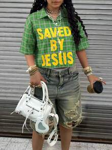 Rovax Áo sơ mi nữ tay ngắn cổ bẻ, cài nút, in khẩu hiệu thời trang đa năng, dễ mặc khi đi làm - màu xanh lá - Xem 4