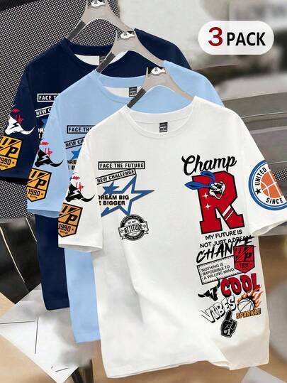 Manfinity Joysei 3pcs/Set Men's Slogan Print Crew Neck Short Sleeve Casual T-Shirts