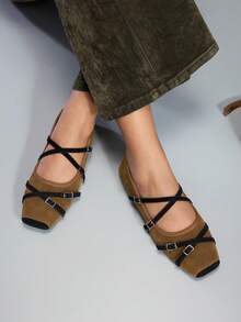 CUCCOO GRLICON Women's Square Toe Criss-Cross Strap Casual Flat Loafers For Christmas Valentine's Day - Brown - View 2