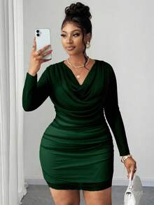 Maweii Plus Size Women's Dark Green Autumn Elegant Rave Party Dress, Long Sleeve Ruched Waist Bodycon Mini Dress With Shiny Mesh Wedding Guest Banquet - Dark Green - View 5