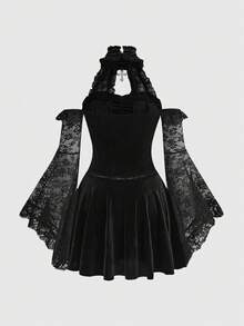ROMWE Goth Elegant Stand Collar Velvet & Lace Patchwork Tie-Up Waist Flare Sleeve Mini Dress - Black - View 2
