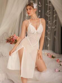 DelicateAllure Women's Mature Sexy Mesh Nightgown,Charming Lace Spaghetti Strap Maxi Dress,White Babydoll Lingerie,Suitable For Bedroom,Valentine's Day Wedding - White - View 3