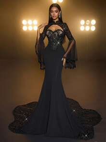 Glamrae 优雅蕾丝刺绣，华丽可拆卸披肩，喇叭长袖，无肩带蕾丝饰边，弹力针织面料，浪漫蕾丝拼接，超长拖尾连衣裙。适合约会、婚礼、单身派对、新年晚宴、优雅黑色正式晚宴、圣诞晚宴以及所有正式场合，情人节亦可穿着。 - 黑色 - 查看 5
